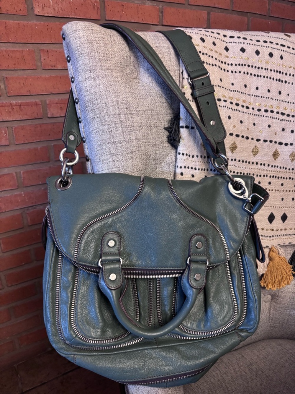 Olive Green Leather Crossbody Satchel with Adjustable Strap